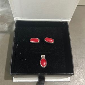Red pendant and earrings.